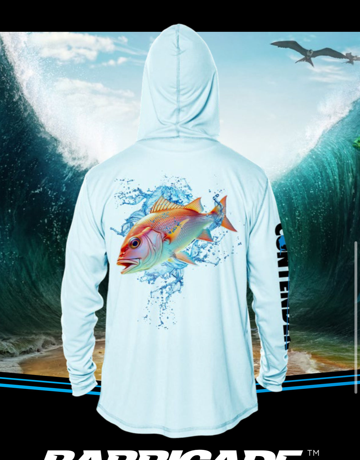 Light blue hoodie with a fish graphic on the back, set against a beach and wave background.